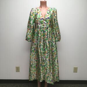 Baum Und Pferdgarten Green Floral Puff Sleeve Asana Button Front Dress 38 12 M